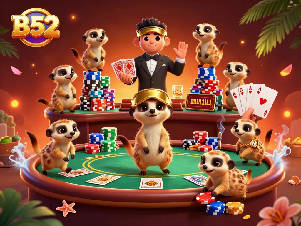 B52 meerkats managing a vibrant casino scene, showcasing playful betting dynamics.