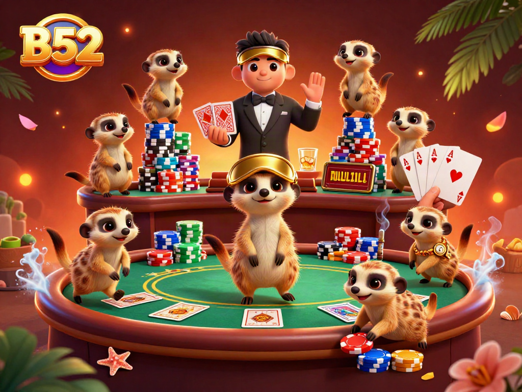 B52 meerkats managing a vibrant casino scene, showcasing playful betting dynamics.
