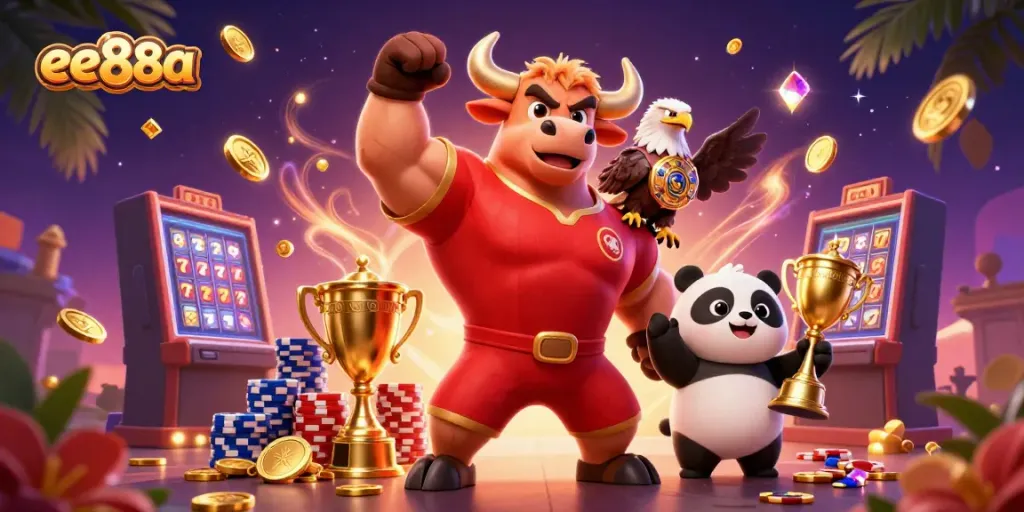 Engage with the vibrant excitement of ee88a through a colorful casino scene featuring a muscular bull mascot triumphantly posing with a trophy.