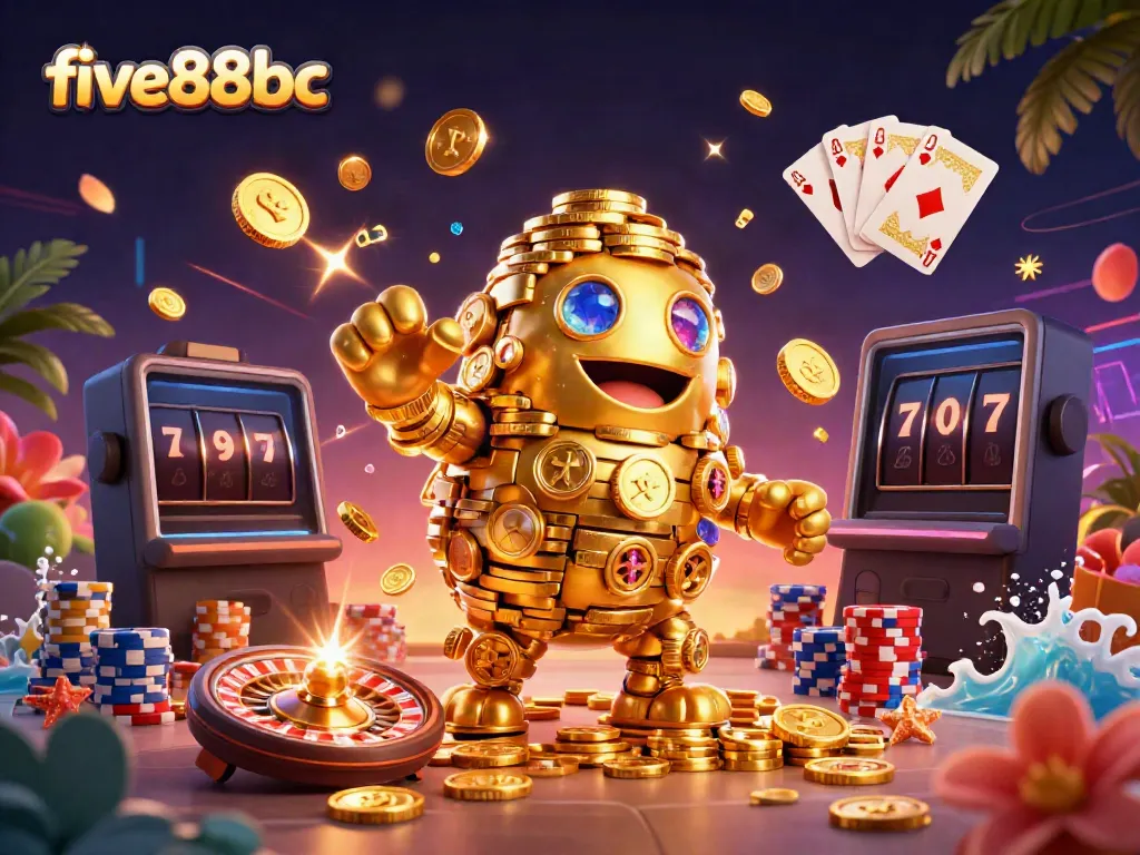 Engage with exciting gameplay at five88bc with gold coins, cards, and slot symbols in a vibrant casino scene.