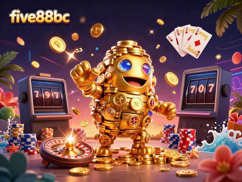 Engage with exciting gameplay at five88bc with gold coins, cards, and slot symbols in a vibrant casino scene.
