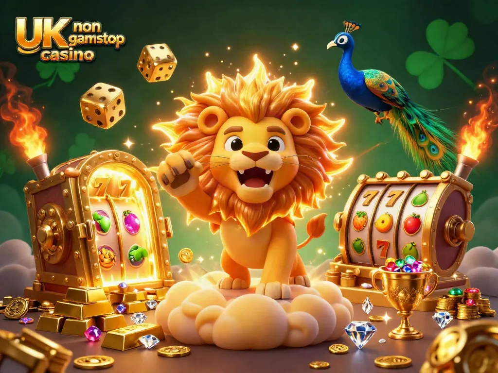 Engage with vibrant visuals at a UK non gamstop casino featuring a roaring lion and golden gaming elements.