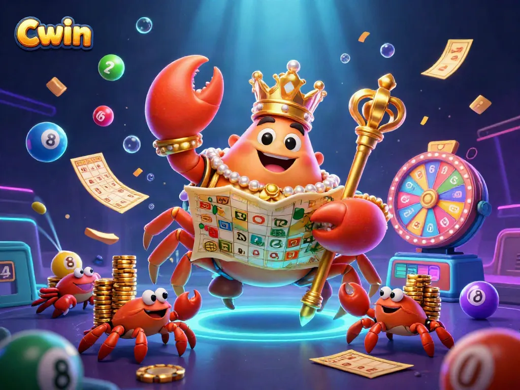 Cwin promotes exciting lottery gaming action with a golden crab emperor in a vibrant 3D underwater world.