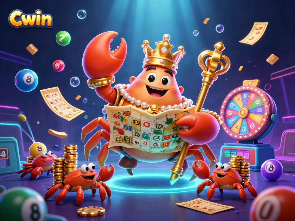 Cwin promotes exciting lottery gaming action with a golden crab emperor in a vibrant 3D underwater world.