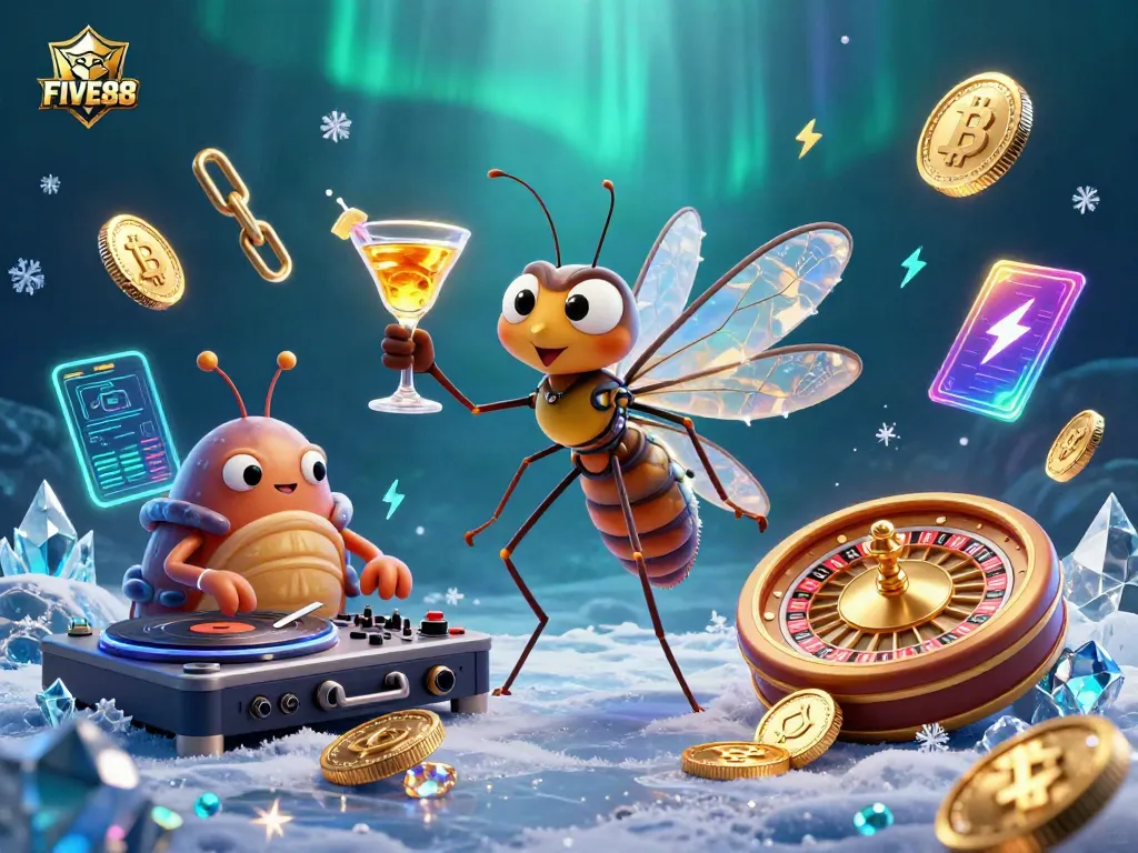 Experience the excitement of FIVE88 with a vibrant 3D casino illustration showcasing key gambling motifs.