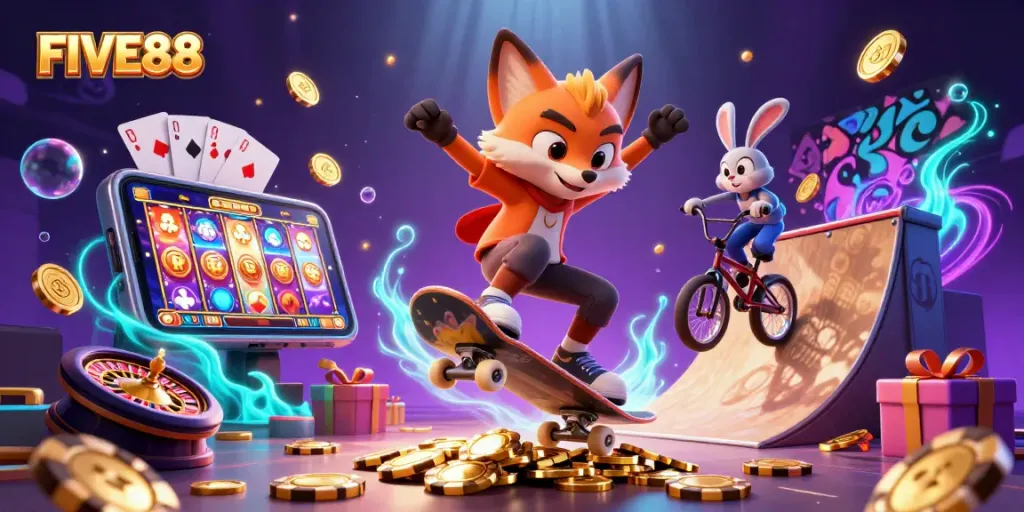 Experience the excitement of FIVE88 with a vibrant 3D scene featuring dynamic characters and casino elements.