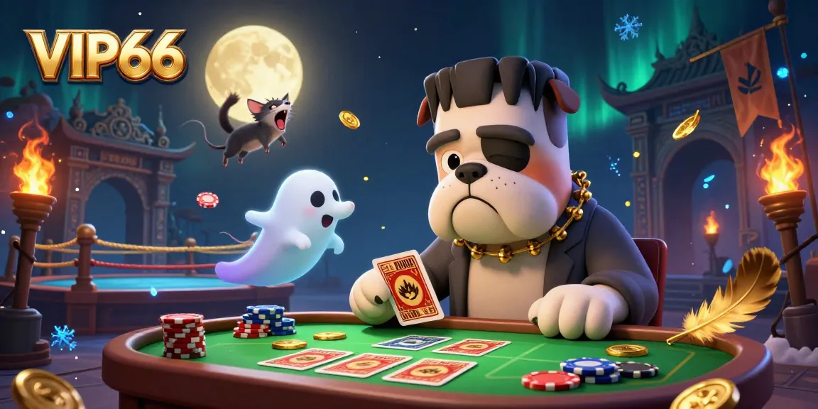 VIP66 attracts players with a captivating 3D scene of engaging casino characters at a vibrant game table.