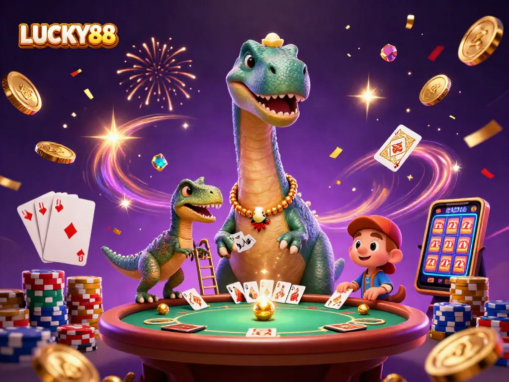 Engage with LUCKY88's vibrant casino experience featuring animated characters interacting and celebrating.