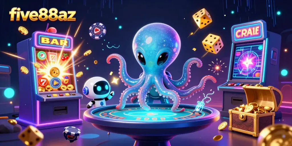 Exciting gameplay with five88az showcasing a cartoon alien octopus at a holographic poker table amidst vibrant casino elements.