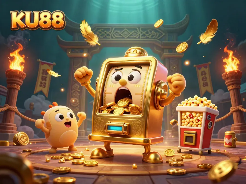 Spin to win at KU88 with a golden slot machine hitting jackpots amidst vibrant casino elements.