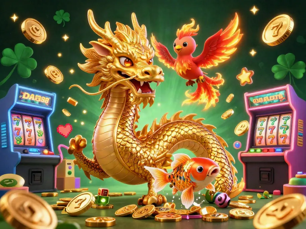 Experience thrilling gaming action with DA88, featuring a golden dragon, lucky koi fish, and vibrant slot elements.