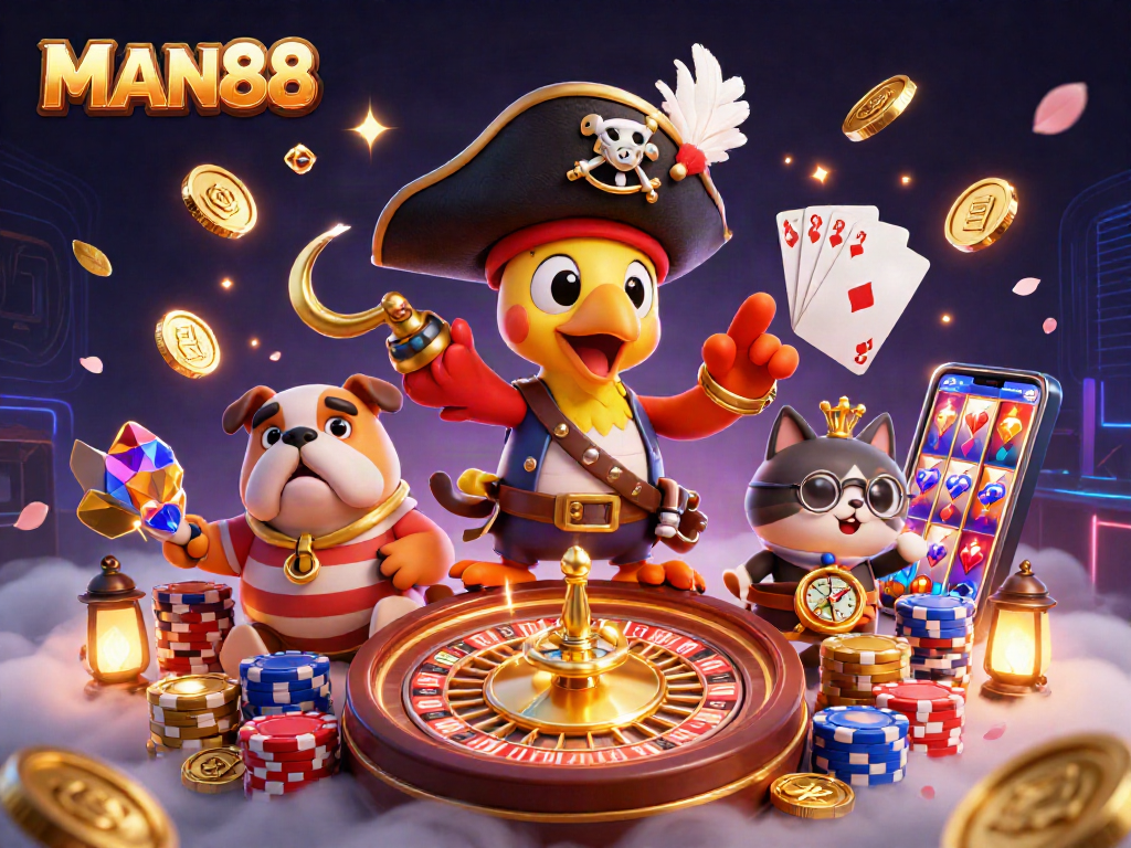 Experience the thrill of gameplay with MAN88's dynamic casino theme, showcasing vibrant elements like chips and coins.