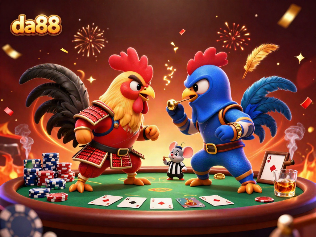 da88 showcases thrilling fighting roosters in a dynamic casino atmosphere with poker elements and vibrant effects.