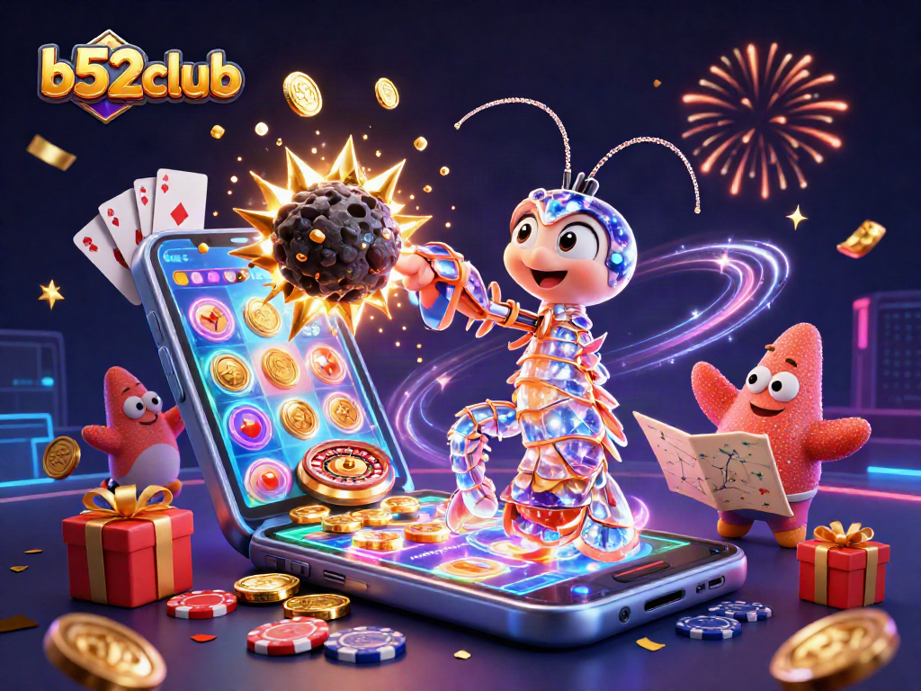 Win big with b52club as the galactic samurai and starfish navigate explosive riches in this vibrant casino illustration.