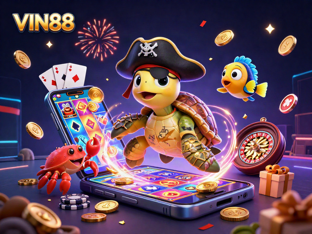 Experience vibrant action with VIN88 featuring a 3D cartoon pirate turtle, slot games, and treasure in a lively casino scene.
