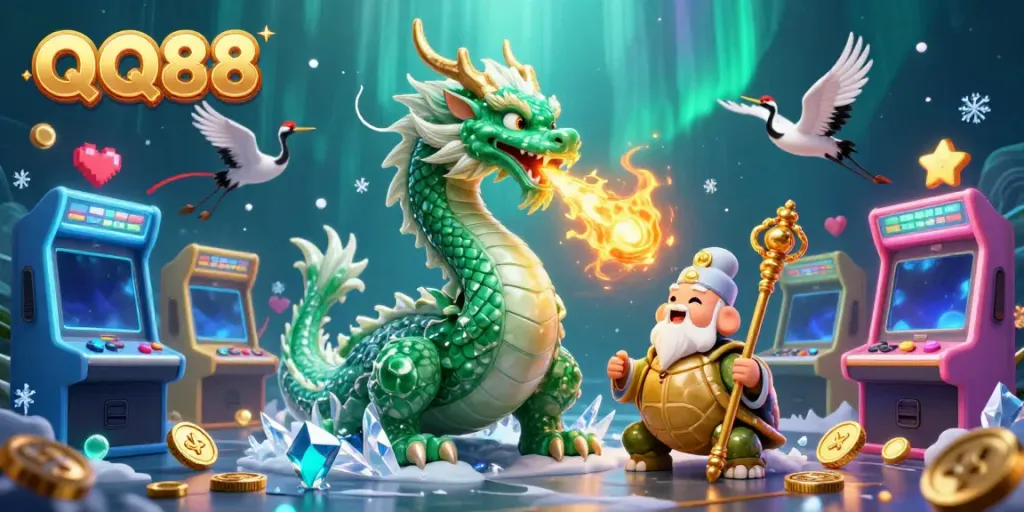 Experience the excitement of QQ88 with a dynamic, colorful casino illustration filled with games and mythical characters.
