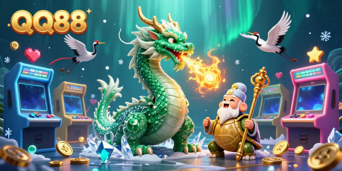 Experience the excitement of QQ88 with a dynamic, colorful casino illustration filled with games and mythical characters.