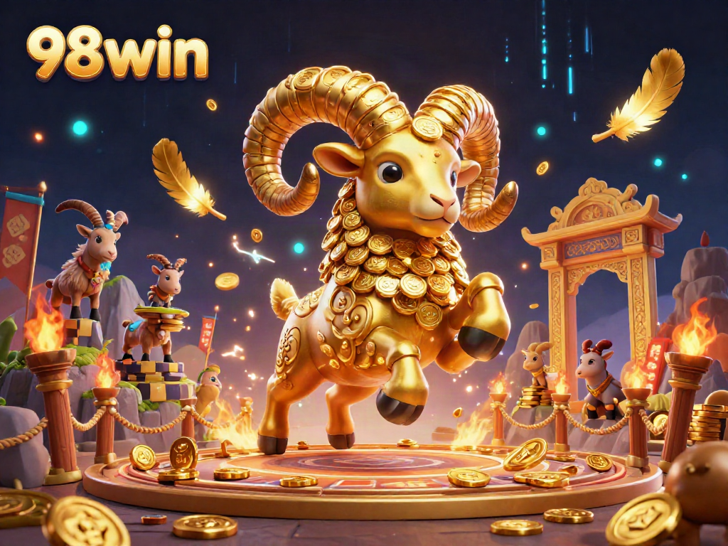 Experience thrilling moments at 98win with a golden ram charging through a vibrant casino scene.