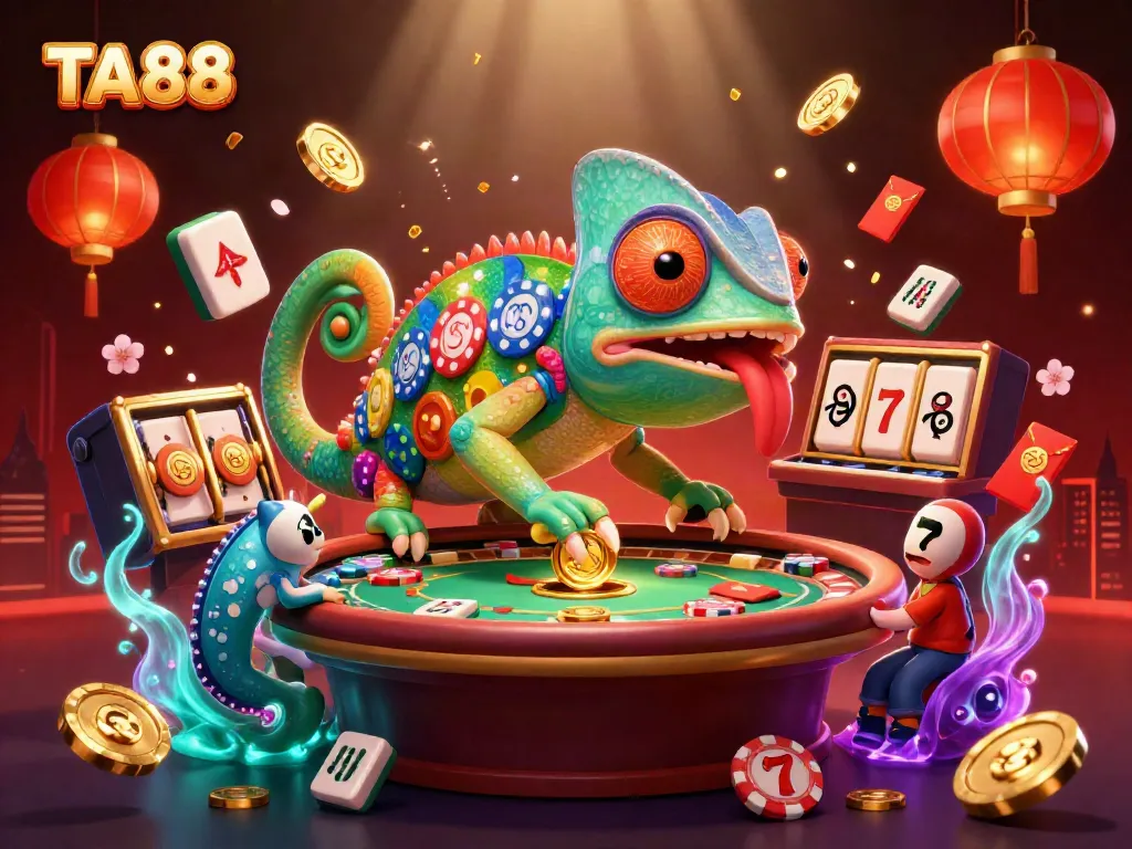 TA88 chameleon casino owner engaging with players amidst vibrant casino elements and festive decorations