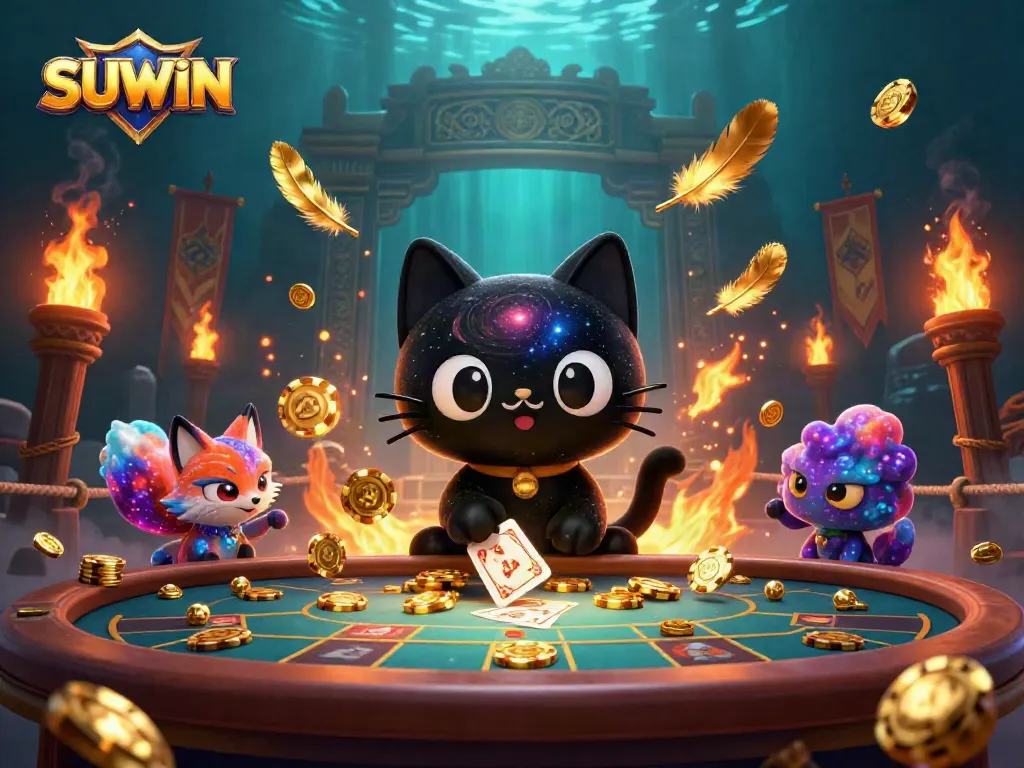 Experience the excitement of SUWIN with a vibrant cosmic casino scene featuring characters and golden gaming elements.