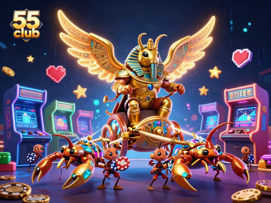 Engage with the thrilling 55 club gaming experience featuring a scarab beetle in a casino-themed illustration.