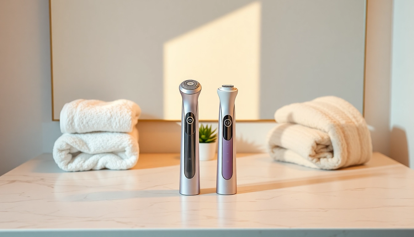 Compare the effectiveness of ulike vs 5 min skin hair removal devices displayed in a tranquil bathroom setting.
