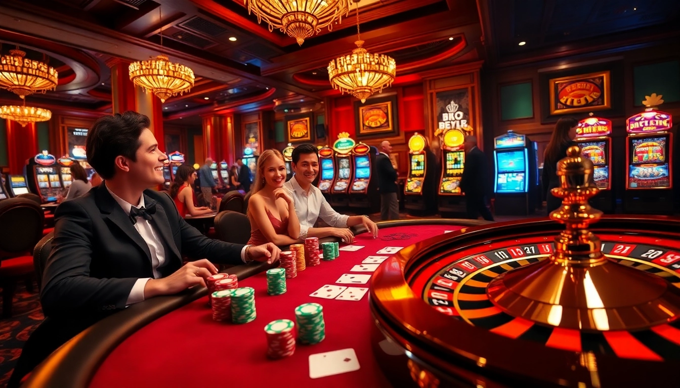 Experience the thrill of CM88 Casino with vibrant poker tables and glowing roulette wheels.