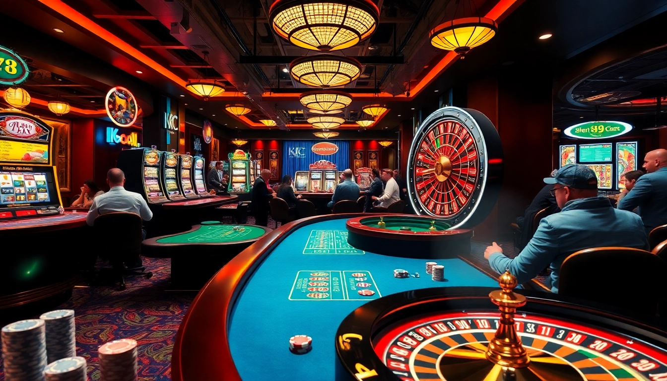 A lively casino scene featuring poker tables, roulette wheels, and slot machines, representing KJC AC 1 gambling excitement.