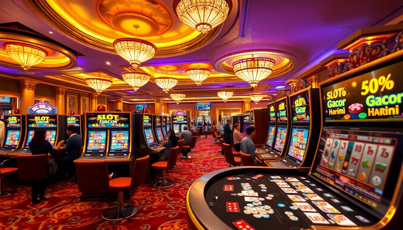 Experience the excitement of Slot Gacor Hari ini with vibrant slot machines and players winning.