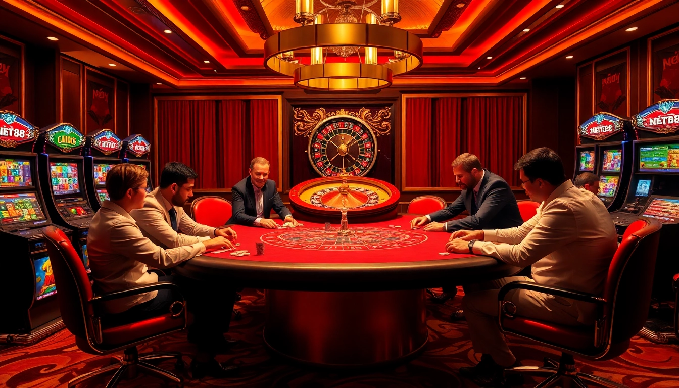 Exciting gambling action at a net88 casino table featuring poker players and a spinning roulette wheel.