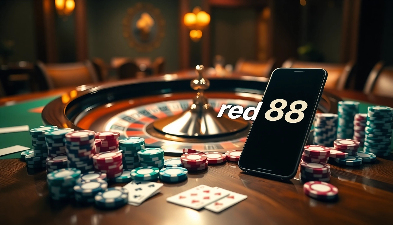 Experience online gambling excitement with the link red88 showcasing vibrant roulette and poker elements.