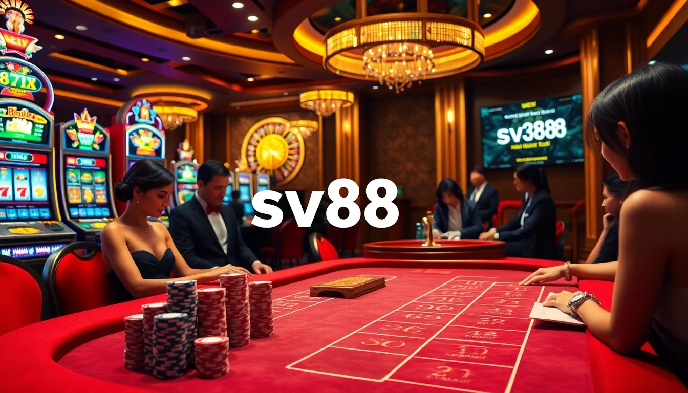 sv88 nhận thưởng showcased in a vibrant casino scene with baccarat, slots, and roulette excitement.