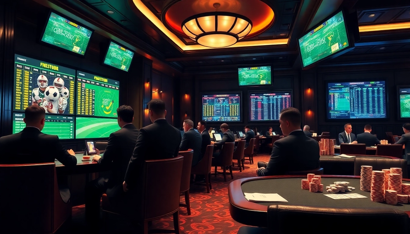 Experience thrilling sports betting at five88 thể thao with gamblers strategizing at luxury tables.
