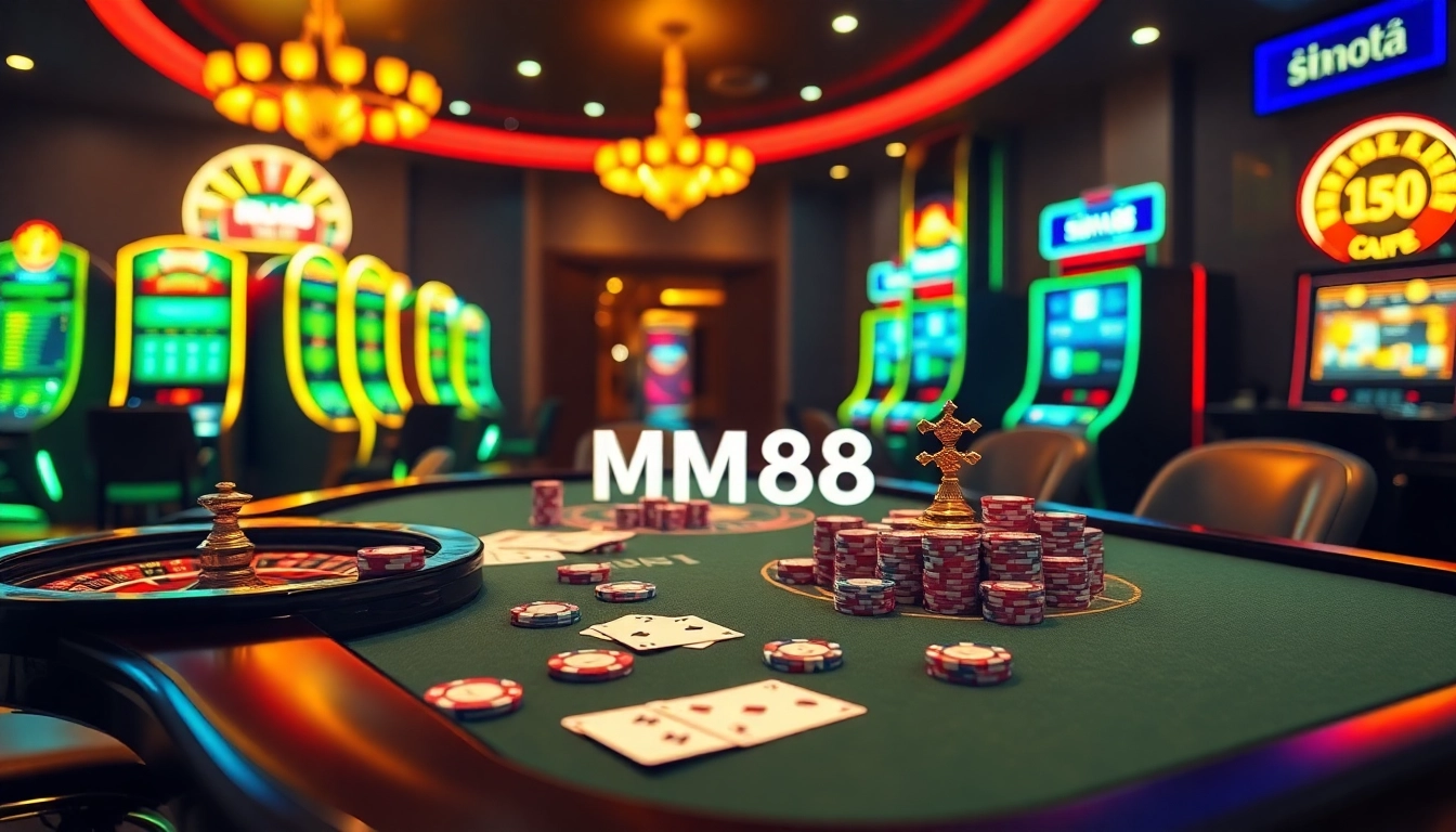 Experience the thrill of MM88 casino gaming with luxurious poker tables and vibrant slot machines.