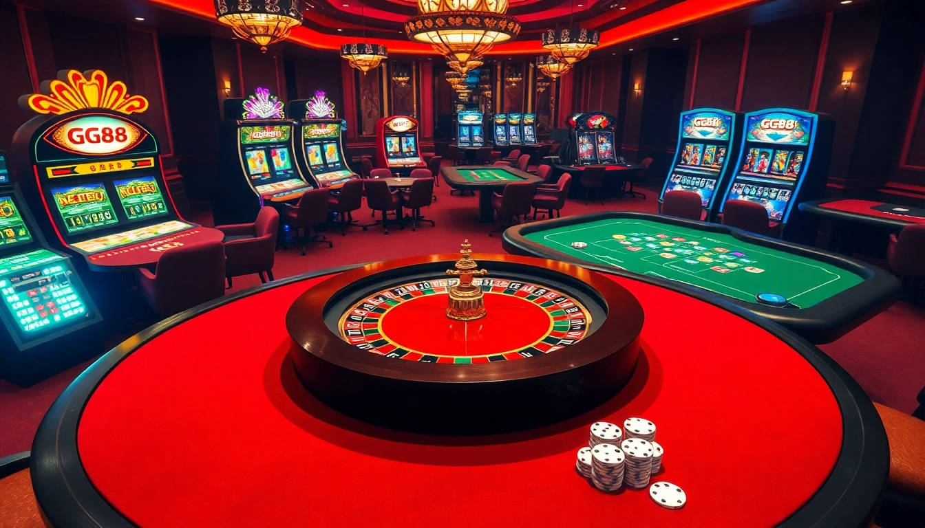 Experience high-stakes excitement at GG88's luxurious casino gaming table, featuring poker chips and cards.