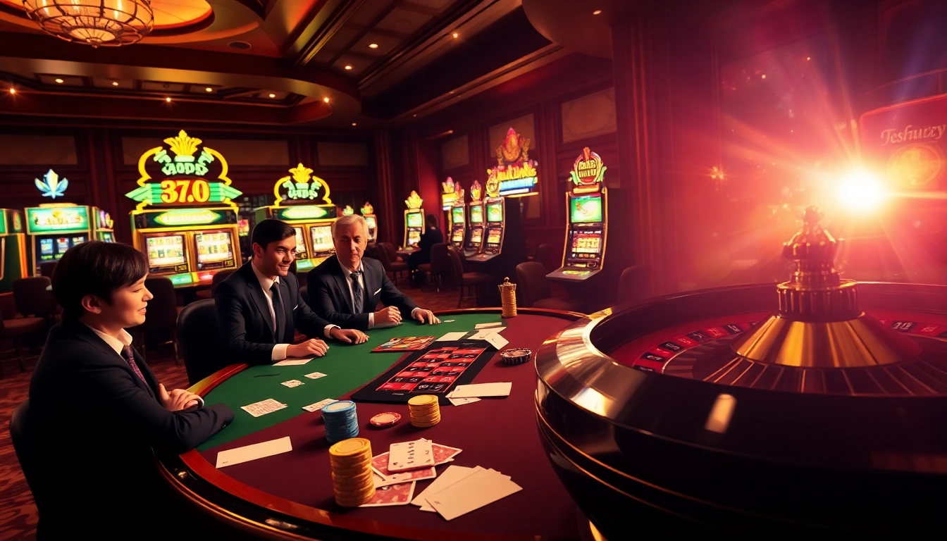 Experience the thrill of usbet at a luxurious casino, featuring poker tables, vibrant slot machines, and lively betting action.