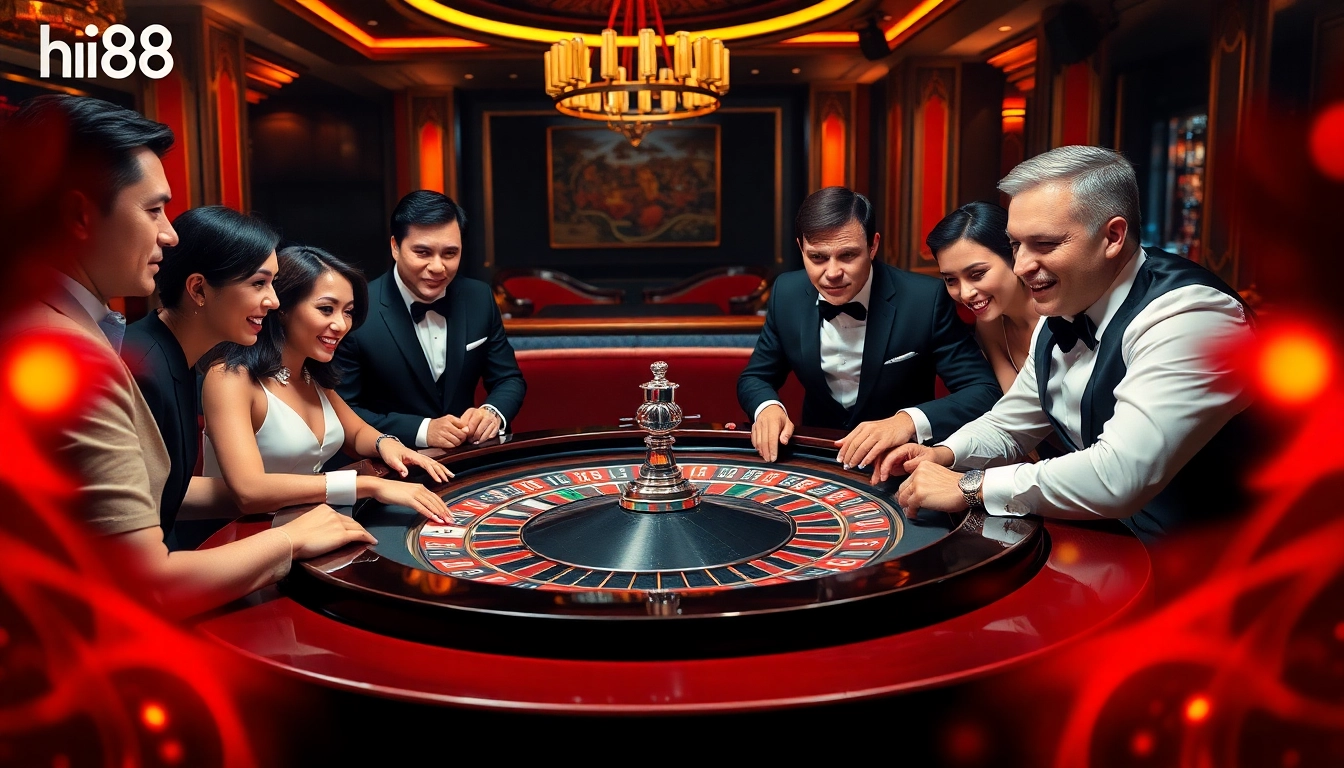 Betting excitement at Hi888's luxurious roulette table in an elegant casino setting.