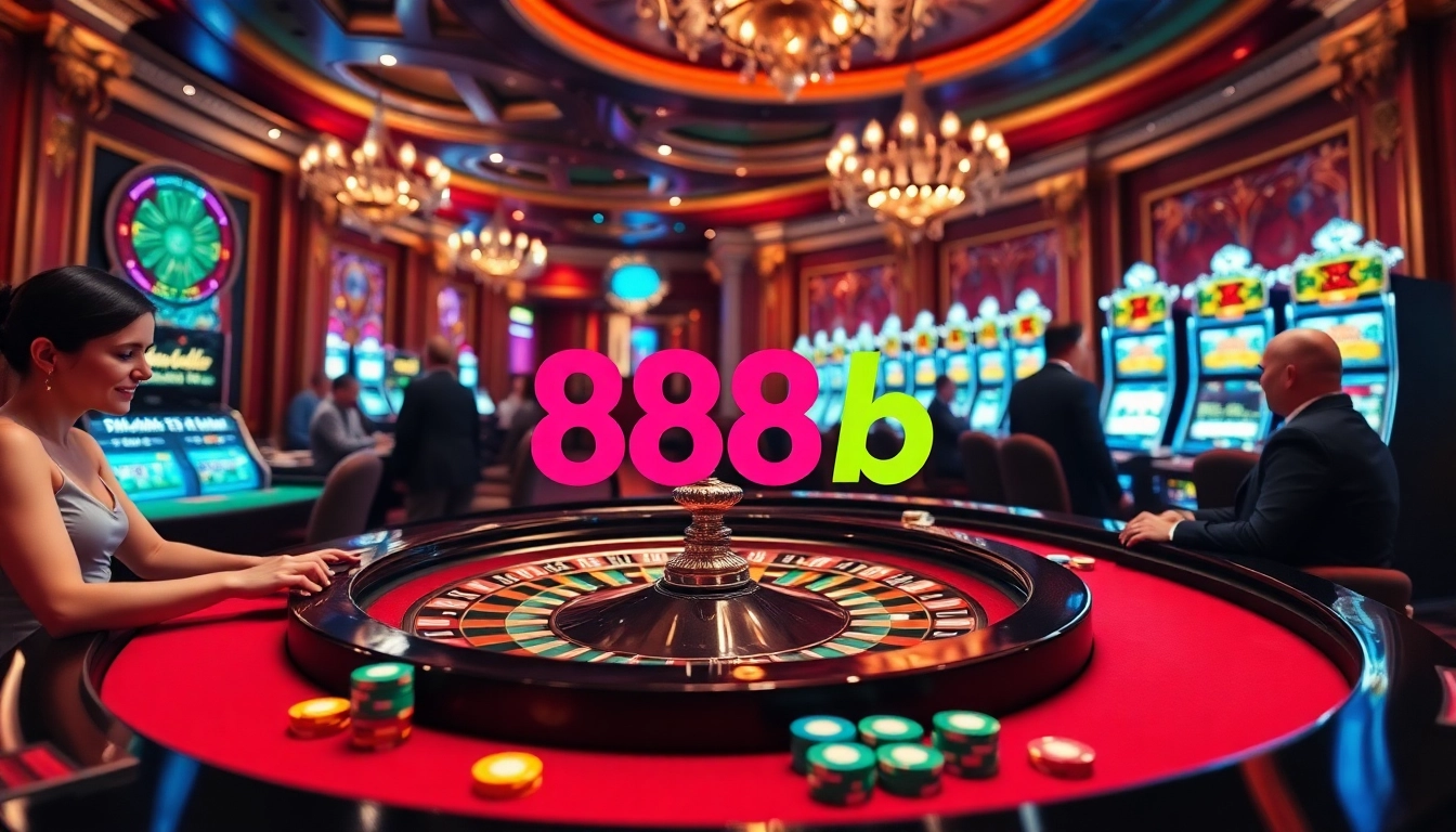 Engage with a stunning 888b roulette table surrounded by excited players in a luxurious casino.
