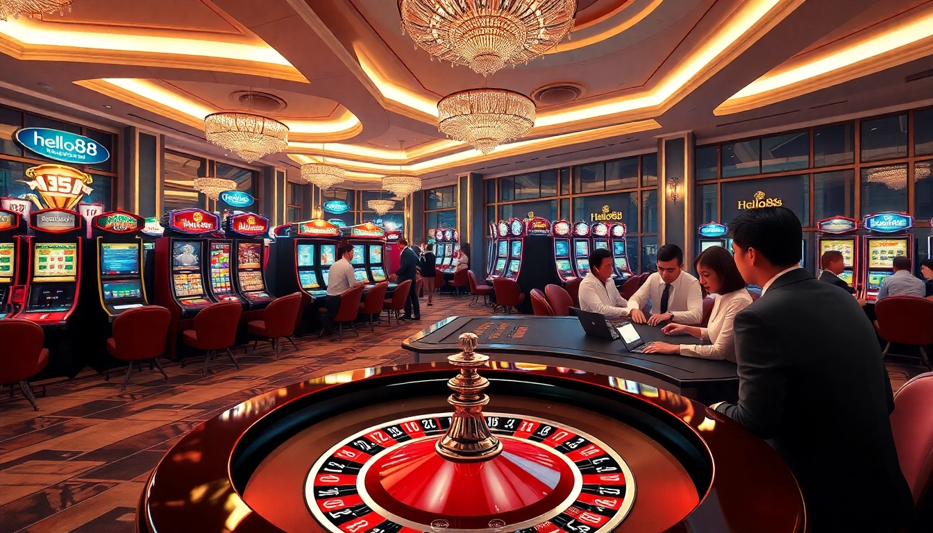 Hello88 online casino ambiance with engaging gameplay at roulette and poker tables.