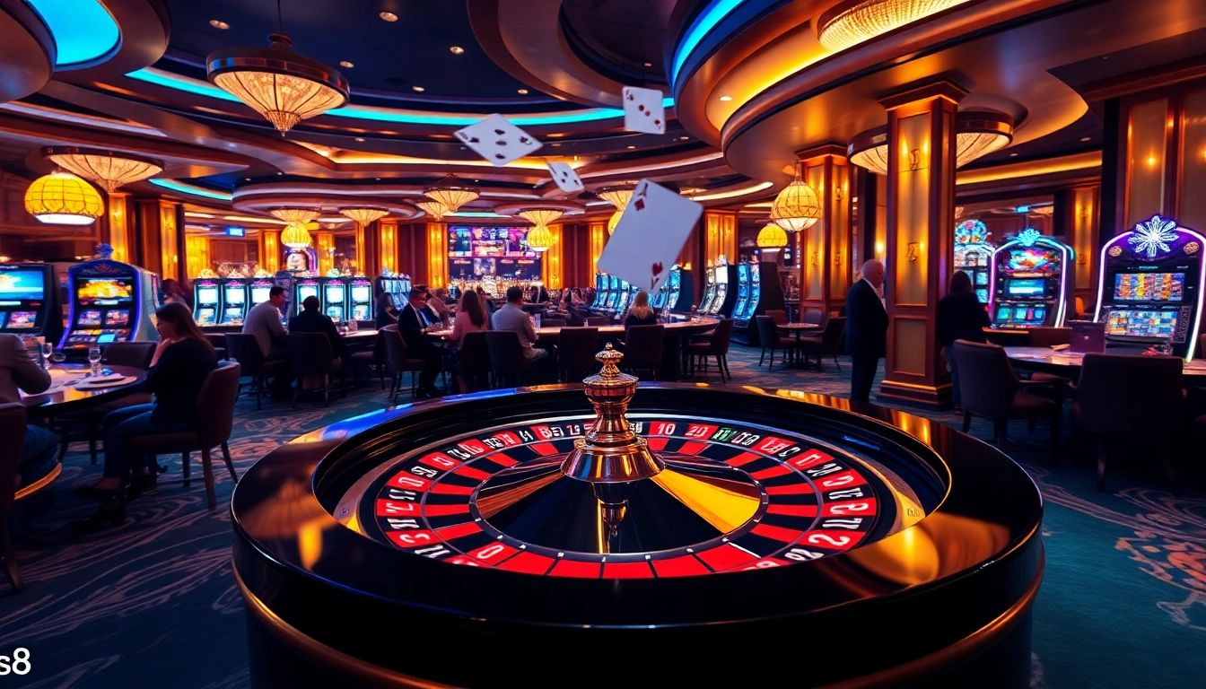 Players enjoying a thrilling casino experience with s8 at the roulette table, vibrant poker chips, and slot machines.