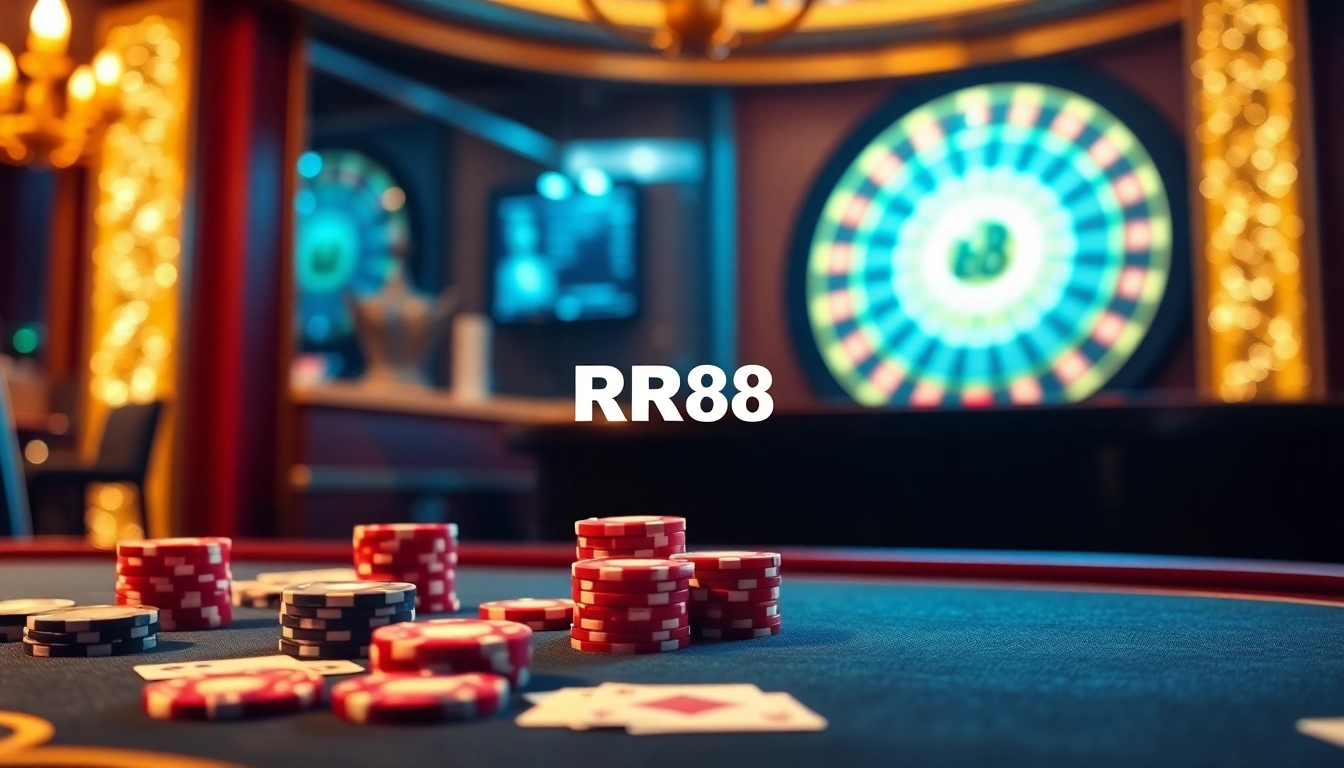 RR88 casino table scene showcasing poker chips and vibrant cards with a luxurious atmosphere.
