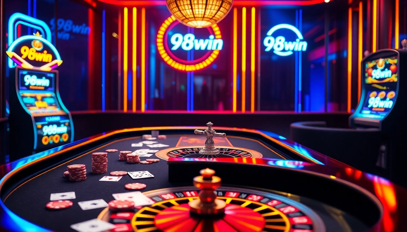 Players enjoy a thrilling game at 98win's luxurious online casino with vibrant slot machines.