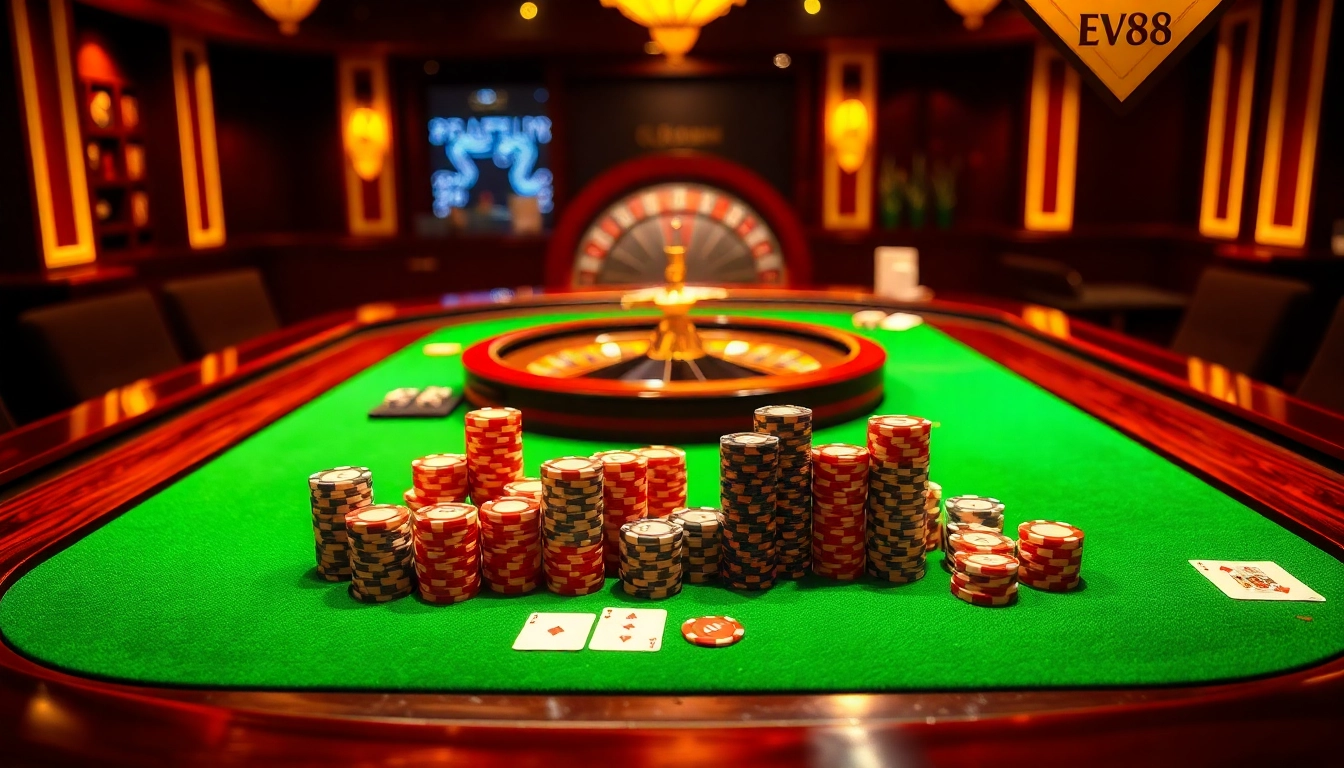 Gambling at EV88 casino with a poker table, chips, and a roulette wheel.