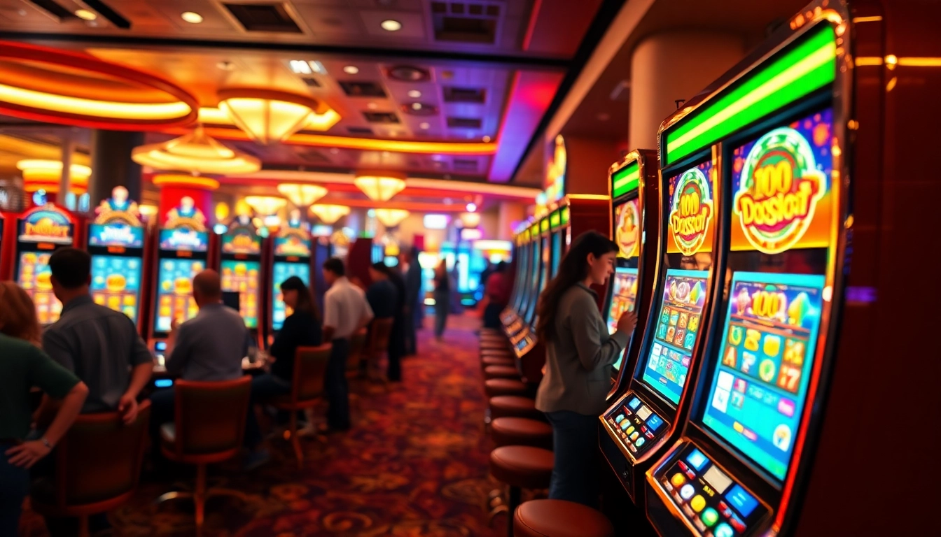 Exciting scene of players enjoying the Doaslot slot machines in a vibrant casino atmosphere.