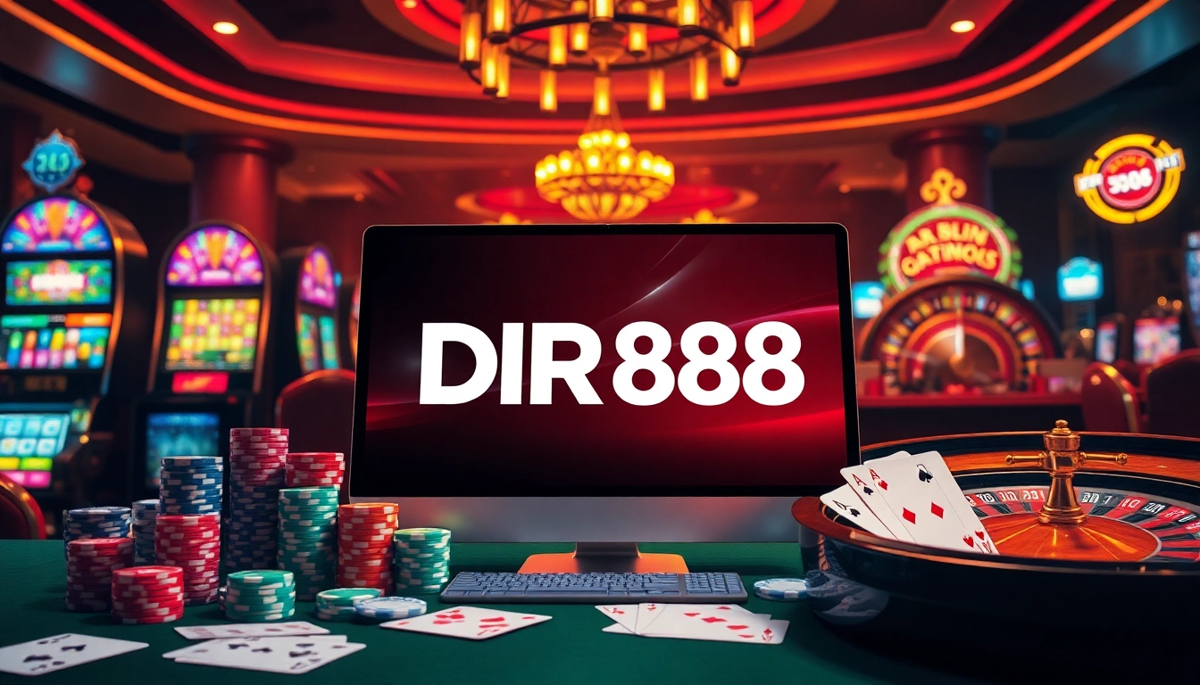 Experience the excitement of DR88 online gambling with vibrant visuals of slots, poker chips, and a roulette wheel.