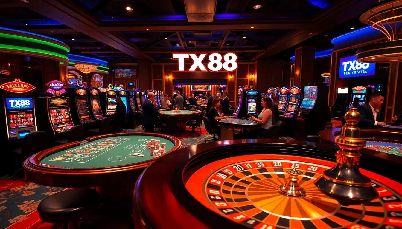 TX88 casino setting featuring vibrant tables and eager players enjoying their moments.