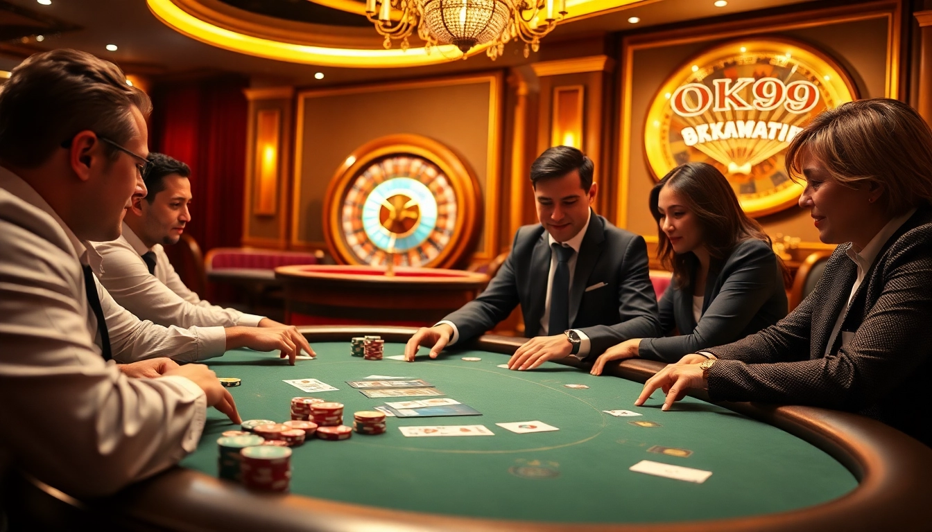 Experience the thrill of gambling at Ok99 with exciting poker table action and vibrant casino elements.