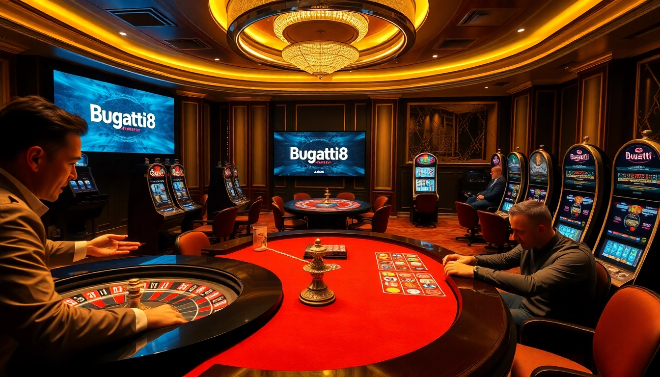Players enjoying various games at Bugatti8 casino, featuring vibrant slot machines and a roulette wheel.