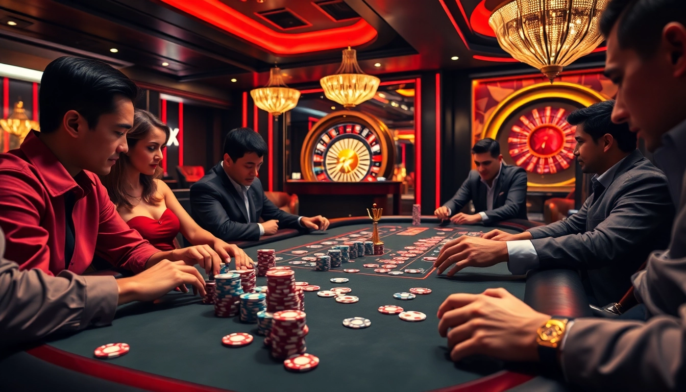 Experience an exciting poker game at MB66 casino with vibrant chips and cards on the table.