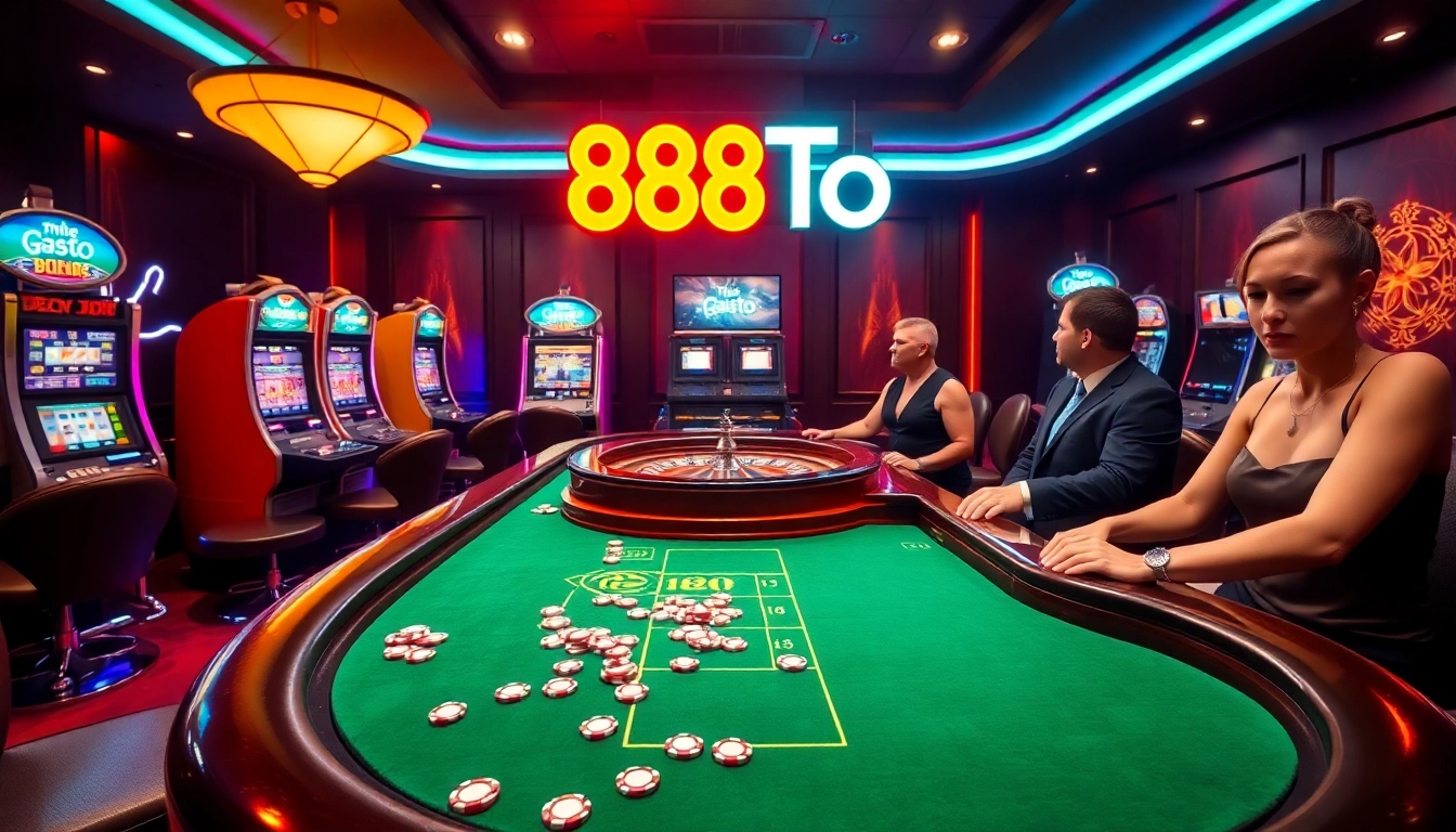 Exciting gambling scene at 888TO casino featuring blackjack and slot machines.